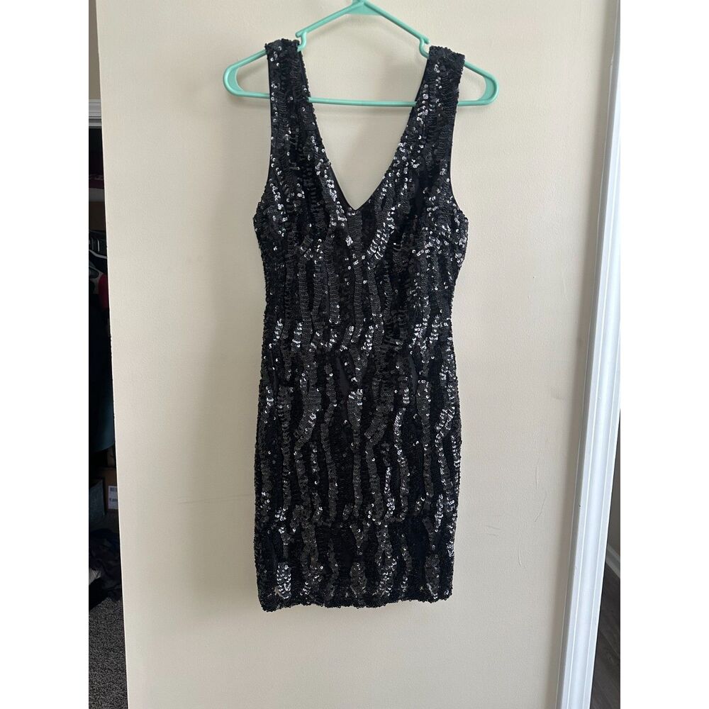 Ark & Co. Black Sequin V-Neck Mini Dress - Size Medium - Wavy Stripe Pattern